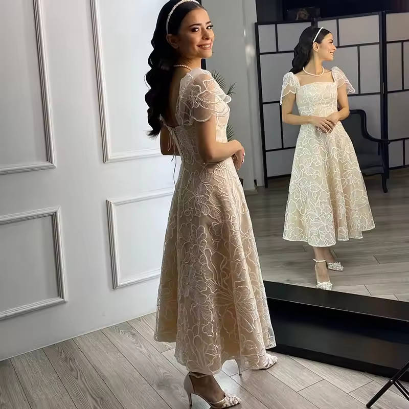 Elegant Prom Dress Organza With Embroidery With Short-Length A-Line Ball Gown Short Sleeves Square Collar Bride Customized Chic