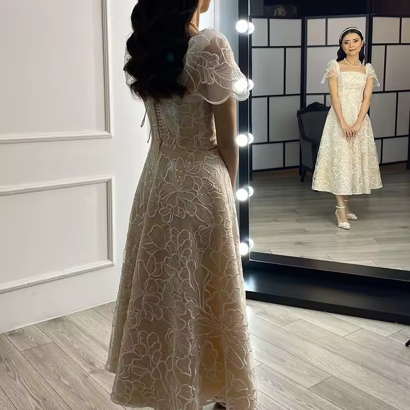 Elegant Prom Dress Organza With Embroidery With Short-Length A-Line Ball Gown Short Sleeves Square Collar Bride Customized Chic