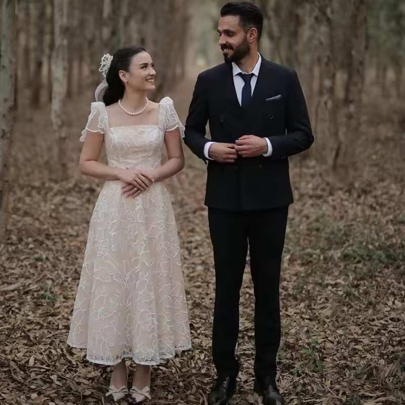 Elegant Prom Dress Organza With Embroidery With Short-Length A-Line Ball Gown Short Sleeves Square Collar Bride Customized Chic