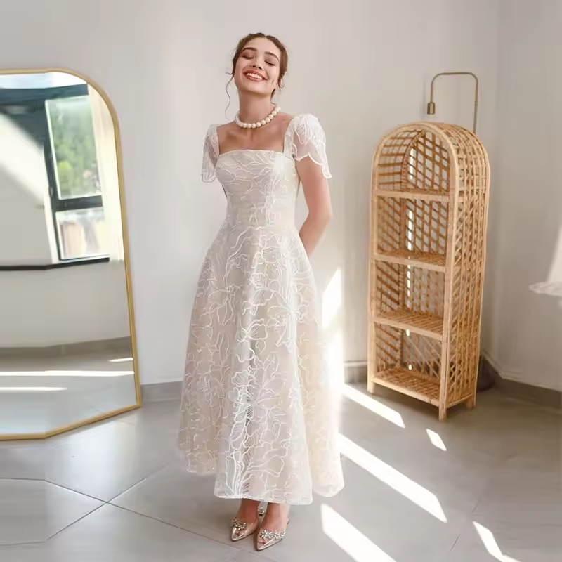 Elegant Prom Dress Organza With Embroidery With Short-Length A-Line Ball Gown Short Sleeves Square Collar Bride Customized Chic