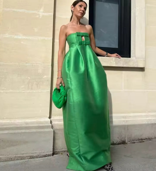 Strapless Straight Green Satin Long Evening Dress Cutout Women Clothing Elegant Event Dress For Prom Custom Made Wedding Gown