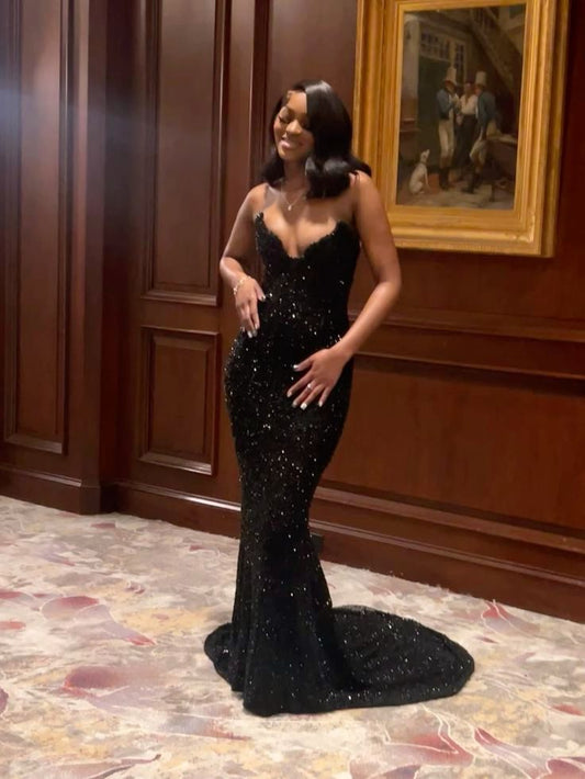 Sexy Mermaid Sweetheart Sequin Slit Black Long Prom Dresses Party Dress