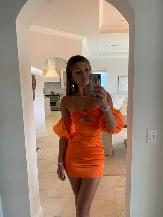 Cute Sheath Strapless Short Orange Homecoming Dresses