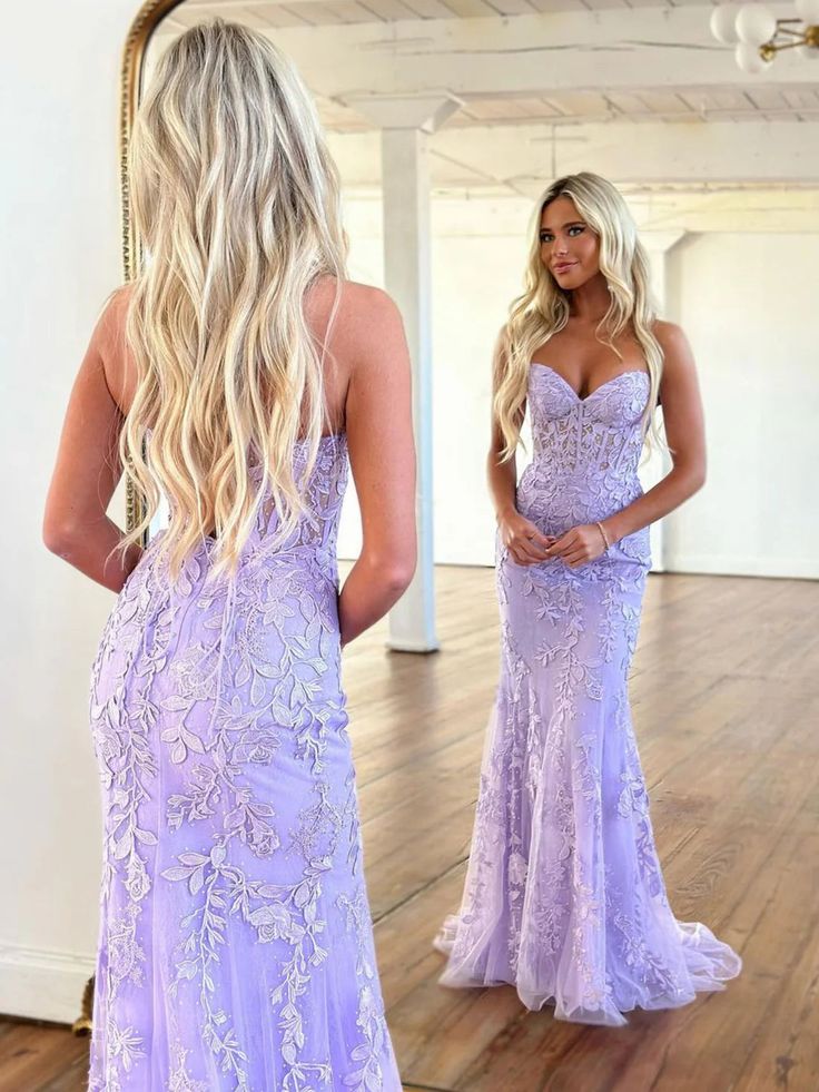Elegant Mermaid Sleeveless Lace Lilac Evening Prom Dresses Long Prom Dresses