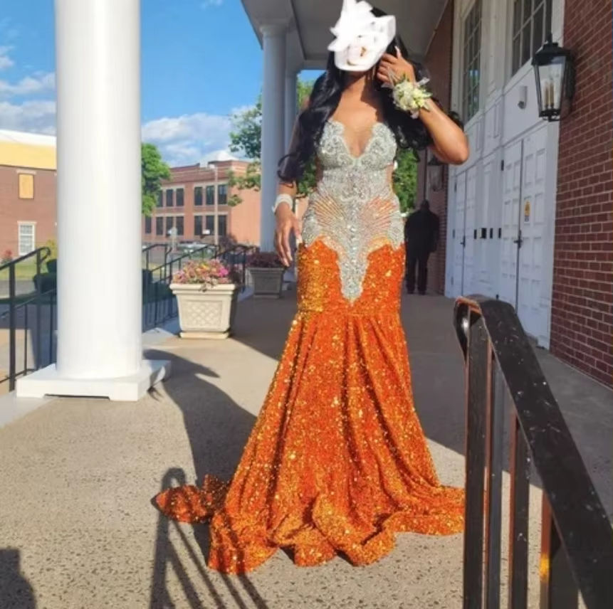 Sparkly Orange Diamond Prom Dress 2025 Full Sequin Mermaid Aso Ebi Evening Dress African Nigeria Formal Occasion PartyCustomized