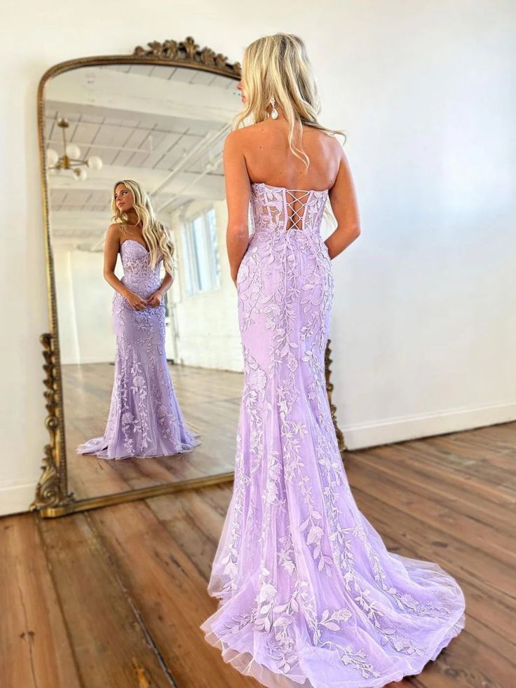 Elegant Mermaid Sleeveless Lace Lilac Evening Prom Dresses Long Prom Dresses