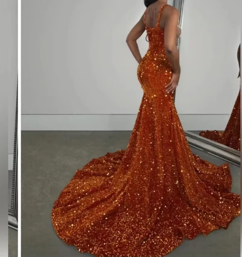 Sparkly Orange Diamond Prom Dress 2025 Full Sequin Mermaid Aso Ebi Evening Dress African Nigeria Formal Occasion PartyCustomized