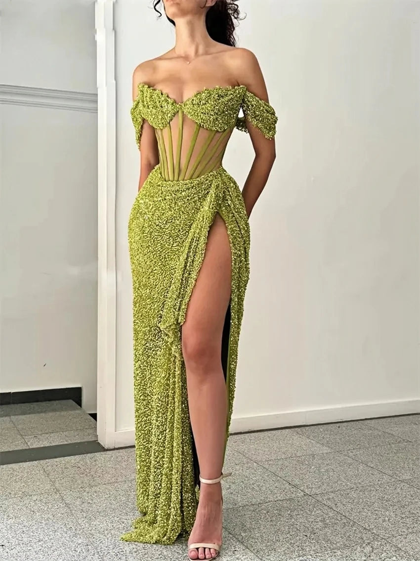 Sparkly Off Shoulder Prom Dresses Long with High Slit Mermaid Sequin Dress for Women Wedding Party Formal Gowns