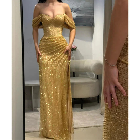 Luxury Sequins Sweetheart Neck Mermaid Prom Dress Side Split Sleeveless vestidos de noiva Customized Floor-length Formal Evening