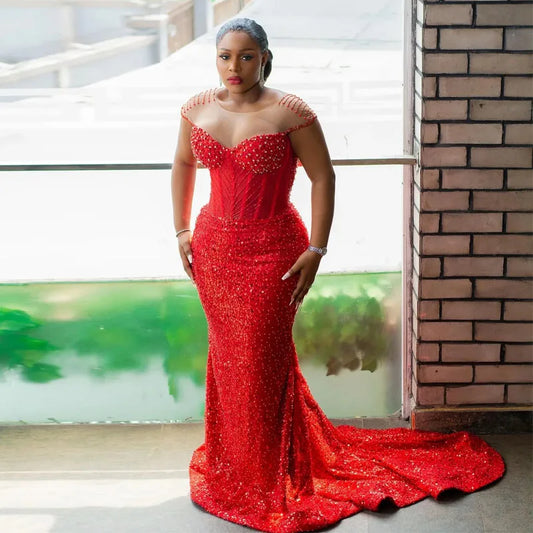 Red Sequin Mermaid Evening Dresses Crystals Aso Ebi Birthday Party Gown for Women Sheer Neck Cap Sleeve Vestidos De Noche
