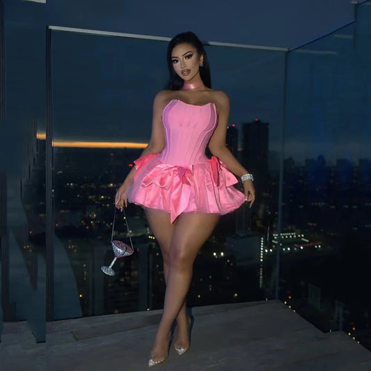 Elegant Pink Satin Mini Birthday Party Dresses Strapless Sexy Cocktail Dress Graduation Bow Night Party Gown 2025 Customized