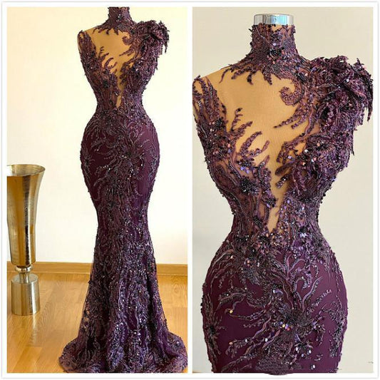 Luxurious Arabic Style Mermaid Prom Party Dresses 2023 Grape Full Lace Beaded Plus Size Formal Evening Occasion Gowns Robe De So