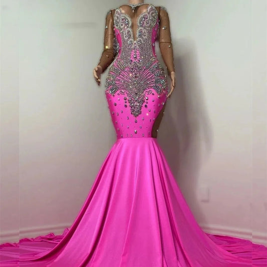 Luxury Pink Long Prom Dress For Black Girls Mermaid Sheer Satin Crystals Birthday Party Dresses Women Evening Gown Customized