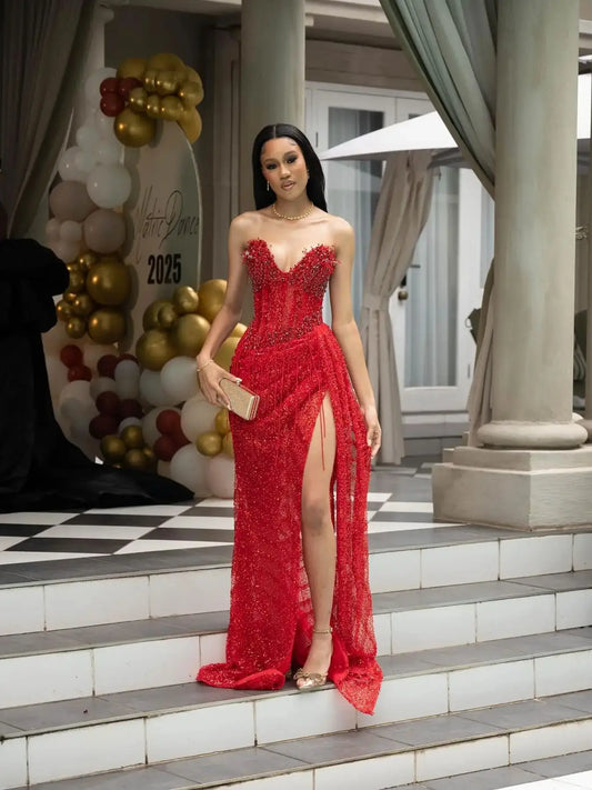 Exquisite Sexy Red Beading Tassel V Neck Side Slit Prom Dress Glittering Sequins Crystal Luxury Prom Wedding Party Gowns