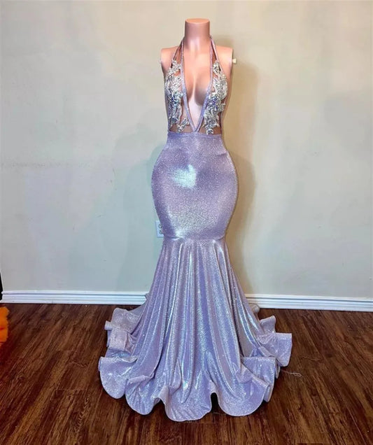 Backless South African Prom Dresses Mermaid Halter Sequins Appliques Black Girls Robe De Soiree Evening Dresses Gown Customized