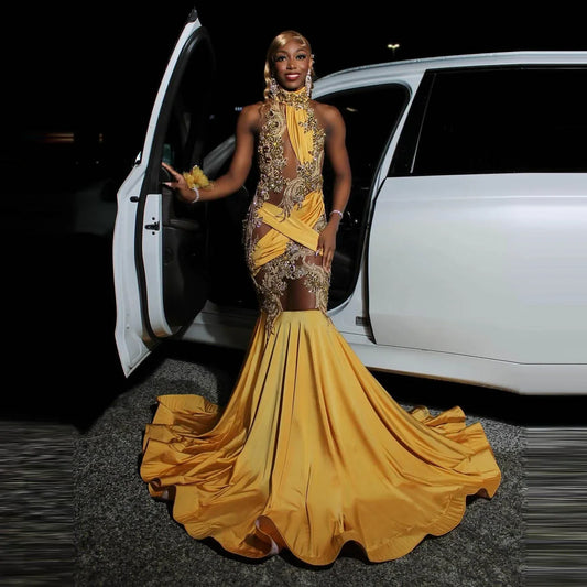 High Neck Majoe Beads Appliques Sexy Aso Ebi Prom Dress Illusion Sexy Celebrity Party Gowns Black Girls Mermaid Prom Dresses
