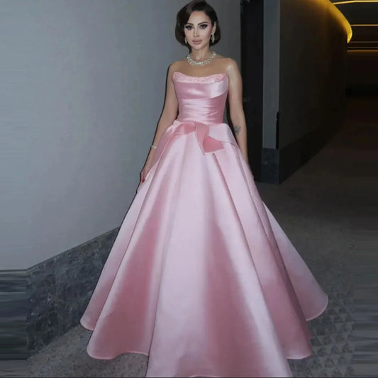 Pink Princess Evening Dresses Strapless Beads Sequins A Line Beach Summer Holiday Wear Prom Dress Celebrity Birthday Party Gowns