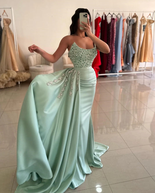 Strapless Satin Crystal Evening Dresses Mermaid Pleat Luxury Beading Sequin Formal Wedding Party Prom Gowns Vestido Customized