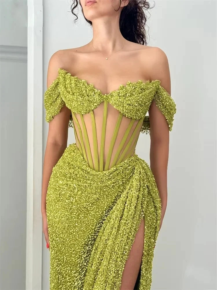 Sparkly Off Shoulder Prom Dresses Long with High Slit Mermaid Sequin Dress for Women Wedding Party Formal Gowns