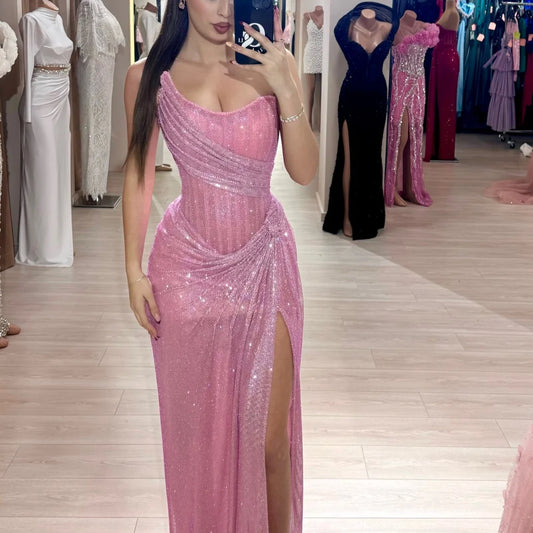 Customized Pink Sequin Side Slit robes de soirée Strapless Backless Sleeveless Party Dresses Floor-Length Prom Dress 2025