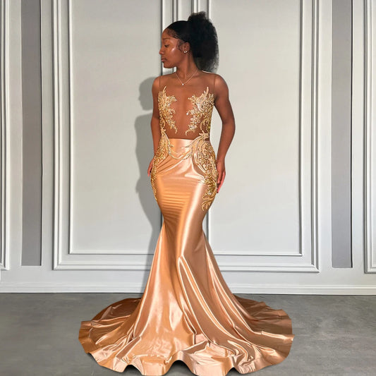 Gold Sheer O Neck Long Mermaid Prom Dresses Black Girl 2025 Sparkly Crystal Beads Elegant Satin Birthday Luxury Dress Customized