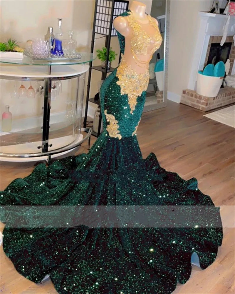 Sparkly Dark Green Mermaid Prom Dresses 2024 For Black Girls Golden Lace Appliques Beads Sequins Plus Size Evening Party Gown