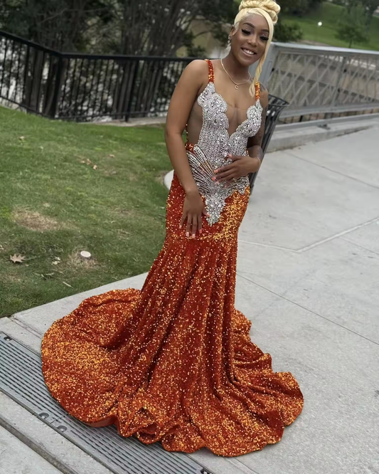 Sparkly Orange Diamond Prom Dress 2025 Full Sequin Mermaid Aso Ebi Evening Dress African Nigeria Formal Occasion PartyCustomized