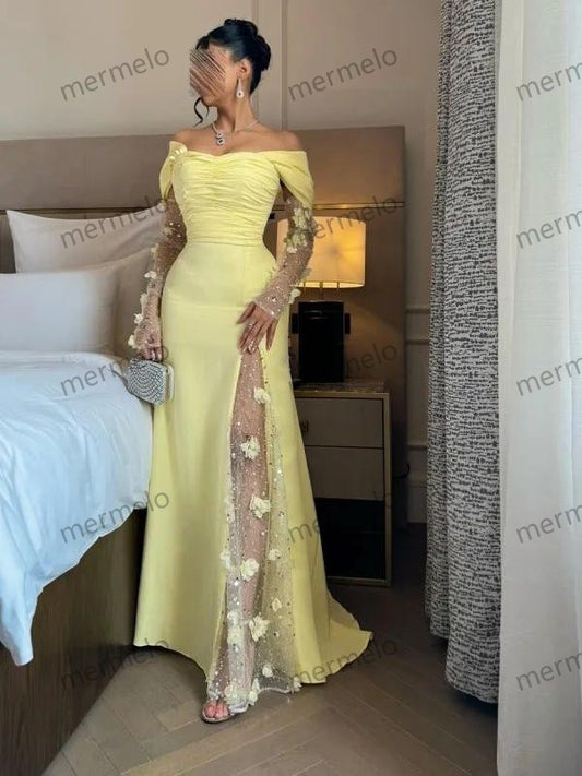 Yellow Modern & Chic Sheath Off Shoulder Long Tulle Sleeves Floor Length