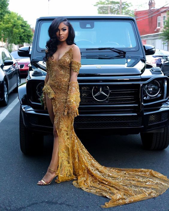 Mermaid Gold Sequin Long Black Girl Prom Dress Slit Formal Dress – mermelo