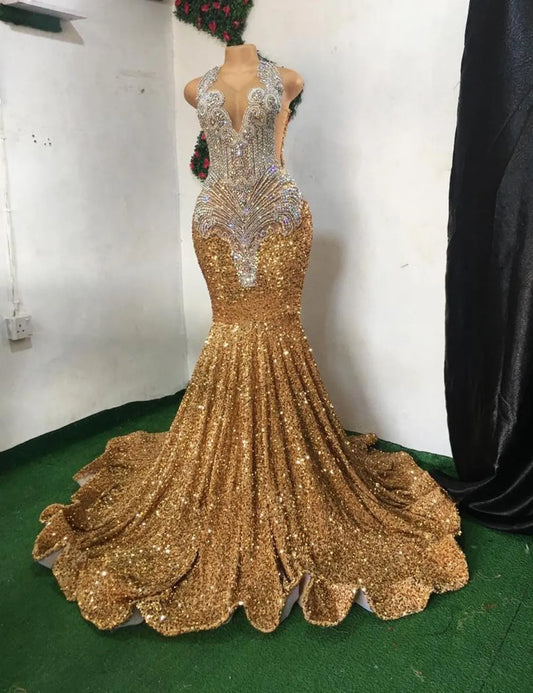 Unique Gold sequin dress, silver applique,Sleeveless Mermaid Dress,Prom Dress,Reception Dress,African Women Dress,Free Shipping