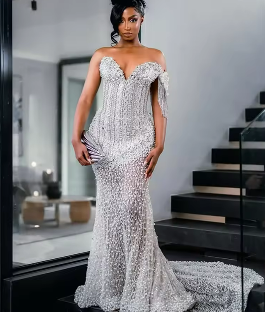 African White Pearls Mermaid Celebrity Dresses Aso Ebi Formal Evening Dress Engagement Party Gowns Vestidos De Noche Customized