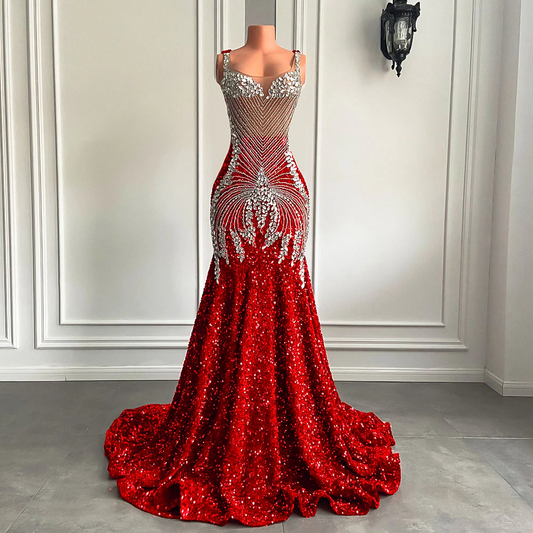 Long Red Prom Dresses 2023 Sparkly Luxury Silver Diamond Crystals Mermaid Style Fitted Black Girl Sheer Mesh Prom Gala Gowns