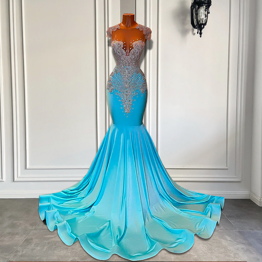 Long Sparkly Prom Dresses 2023 Sexy Sheer Top Luxury Diamond Light Blue Black Girls Mermaid Prom Gala Party Gowns