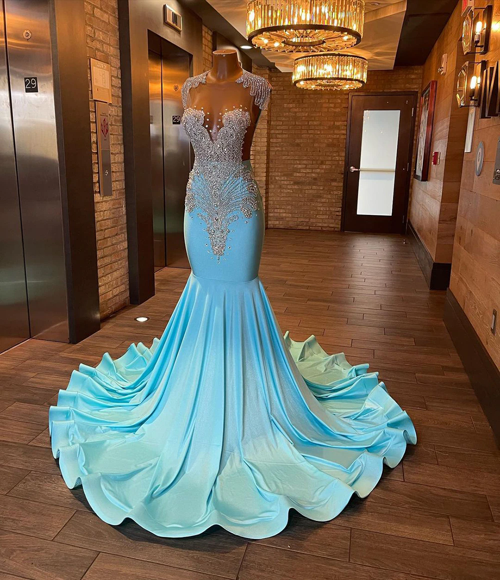 Long Sparkly Prom Dresses 2023 Sexy Sheer Top Luxury Diamond Light Blue Black Girls Mermaid Prom Gala Party Gowns