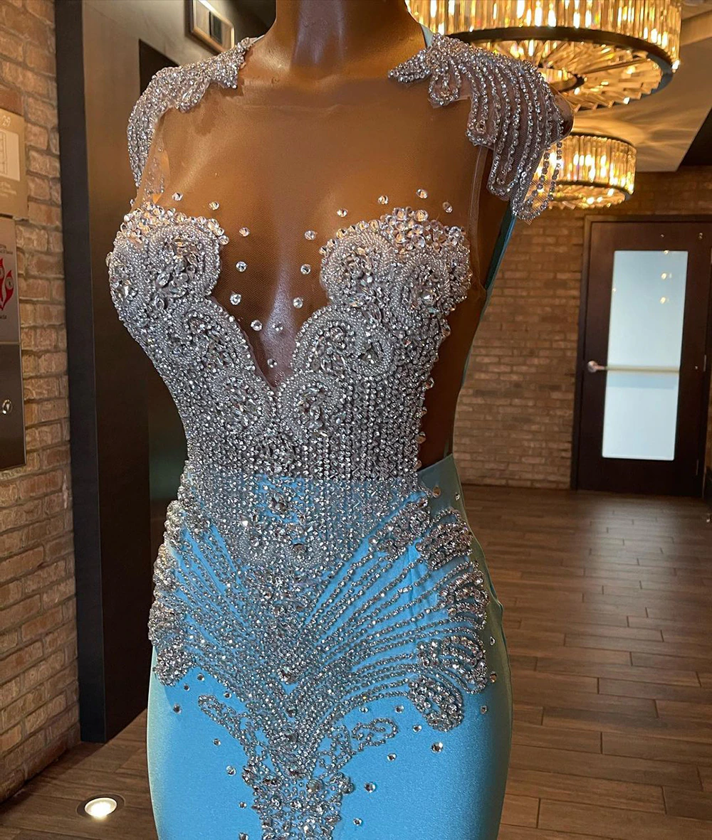 Long Sparkly Prom Dresses 2023 Sexy Sheer Top Luxury Diamond Light Blue Black Girls Mermaid Prom Gala Party Gowns