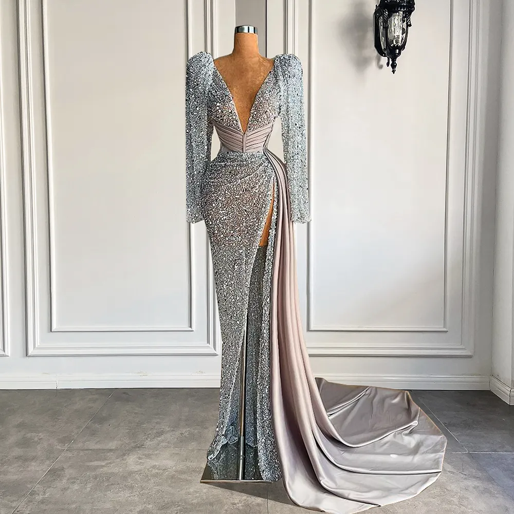 Long Sleeve Sexy Women Evening Dress 2022 V-neck Luxury Beaded Mermaid High Slit Silver Formal Evening Gowns