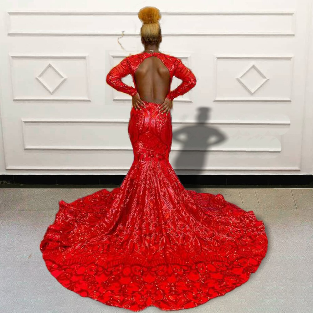 Sparkly Sequin Red Mermaid Long Prom Dresses 2023 for Graduation Party Full Sleeves Black Girls Custom Occasion Evening Gown