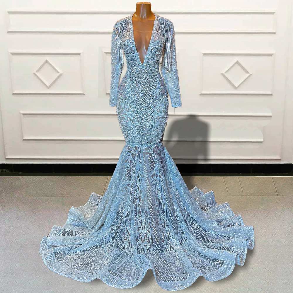 Luxury Black Girl Mermaid Long Prom Dresses 2023 Sparkly Sequined Beaded Full Sleeves V Neck Women Custom Formal Evening Gown