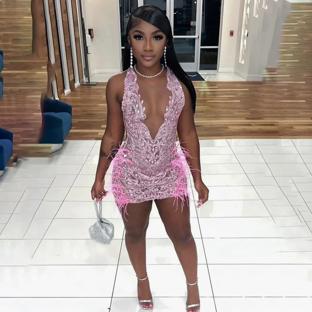 Glitter Beaded DIamond Women Gold Short Prom Dresses 2023 for Birthday Party Sexy See Through Black Girls Mini Cocktail Gowns