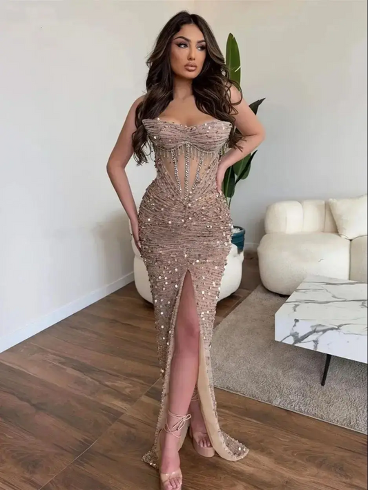 Luxury Champagne Glitter Mermaid Evening Dresses Sweeheart Off Shoulder Side Slit Sequins Floor Length Sexy Prom Dress 2023