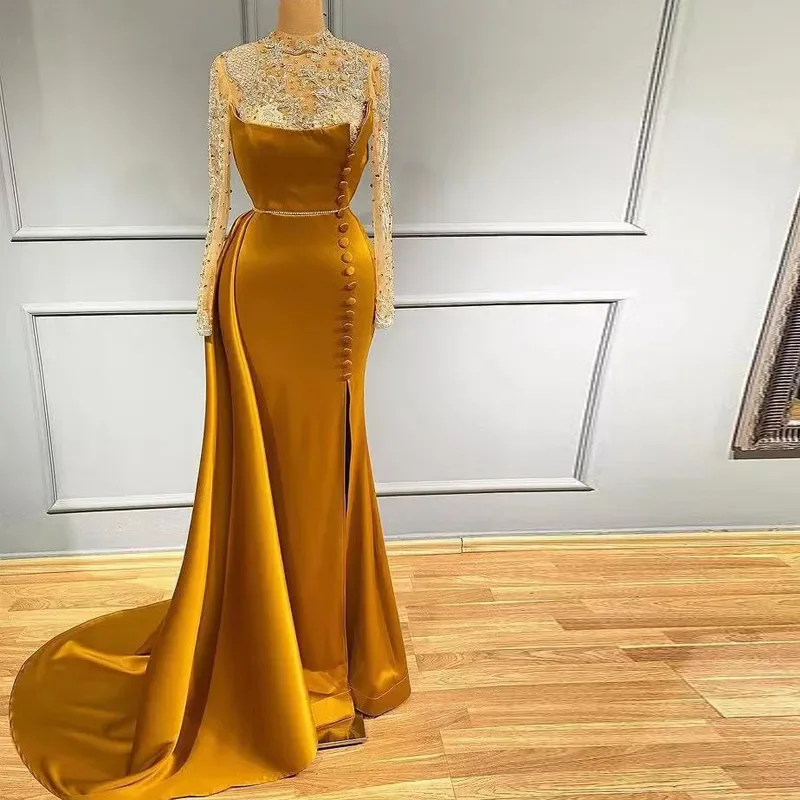 Elegant Gold Satin Side Split Mermaid High Neck Evening Dresses Beaded Long Sleeves Sweep Train Special Occasion Dresses 2023