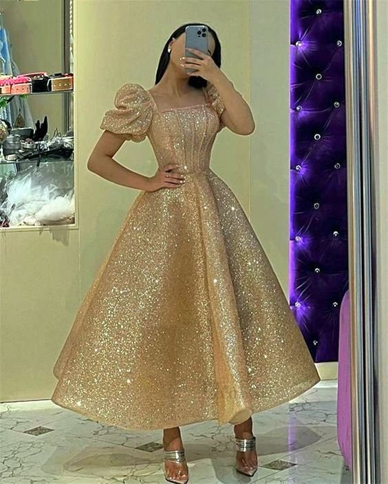 Glitter Champage Sequined Prom Dresses Puff Short Sleeves Square Neck Ankle Length A Line Formal Evening Gowns