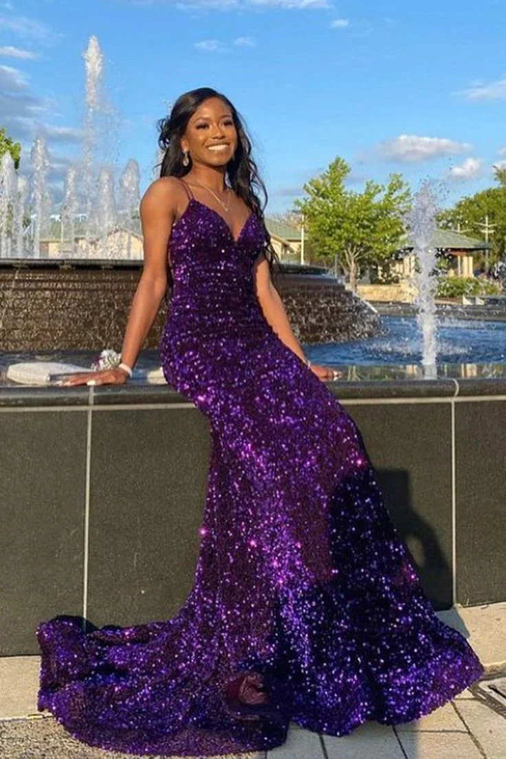 Purple Sequin Mermaid Prom Dress Long Party Dress