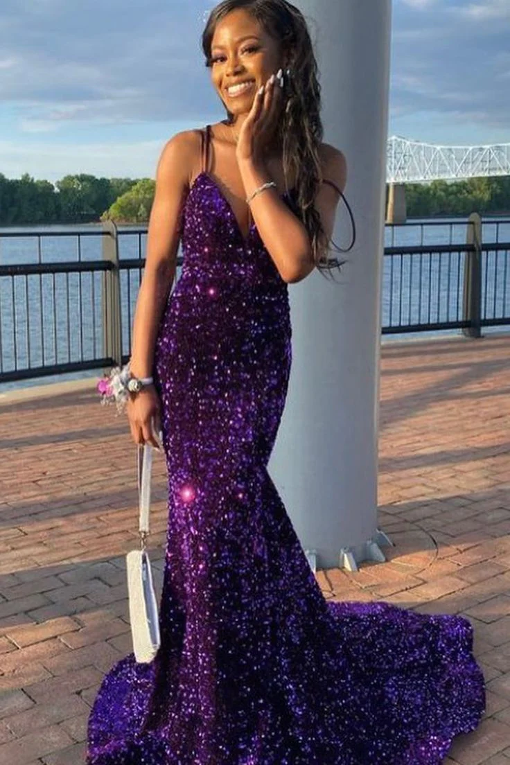 Purple Sequin Mermaid Prom Dress Long Party Dress