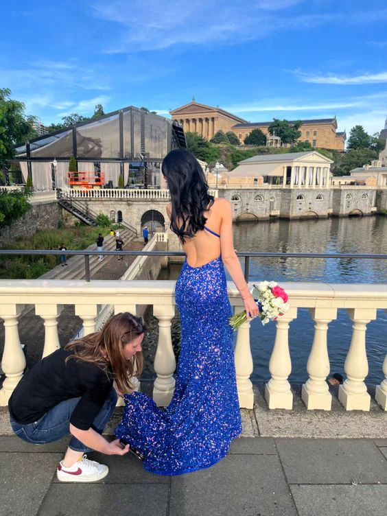 Shiny Royal Blue Sequins Mermaid Evening Dress Long Prom Dress