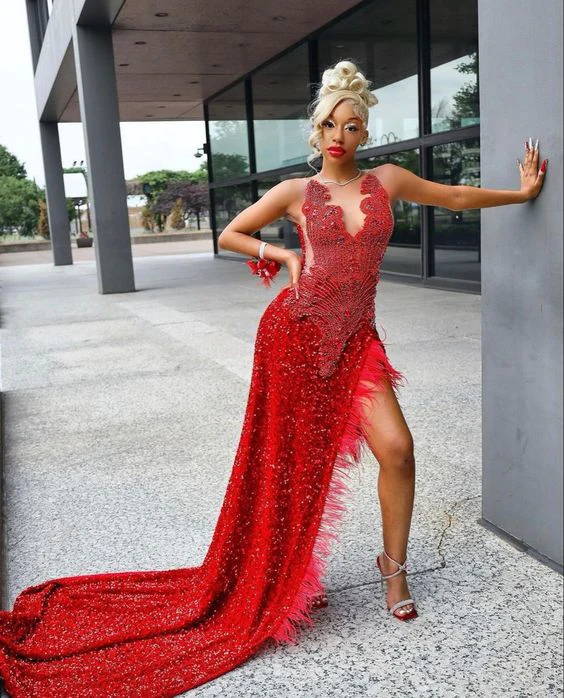 Red Sequin Long Train Prom Dress Slit Evening Dress