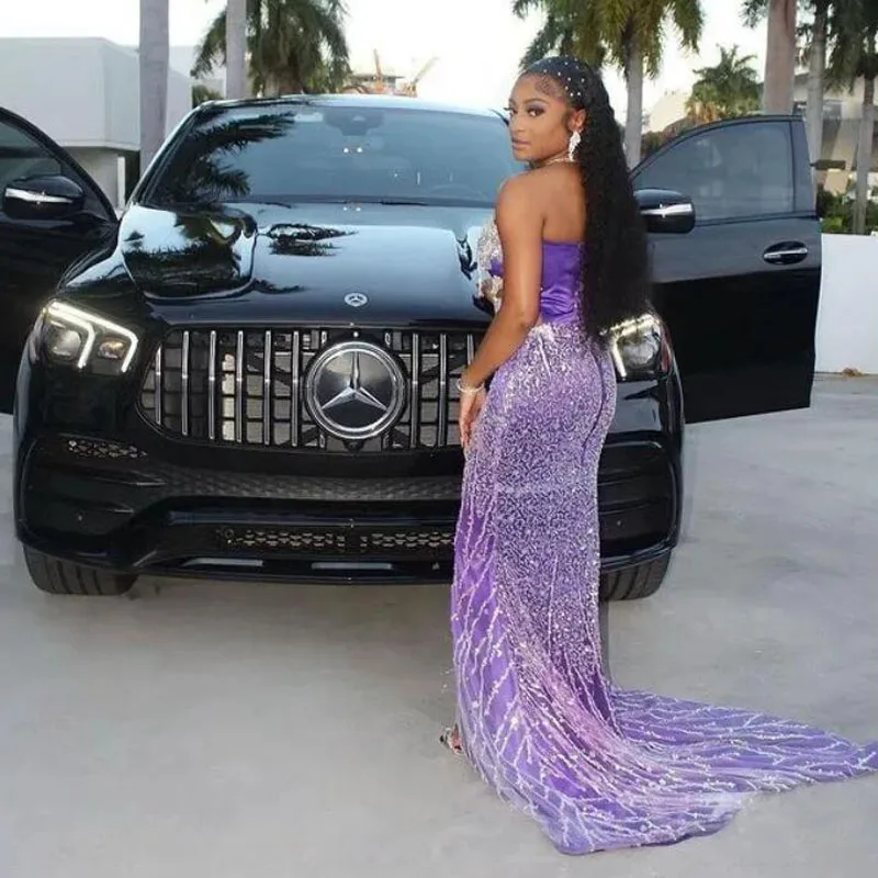 Purple Mermaid Evening Dresses Front Split Lace Appliques One Shoulder Prom Dress For African Women Cutaway Sides Party Gowns