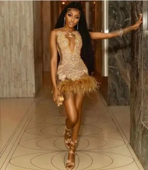 Feather See Through Women Gold African Cocktail Dresses Beaded Birthday Party Gowns Short Black Girl Prom Dresses Homecoming