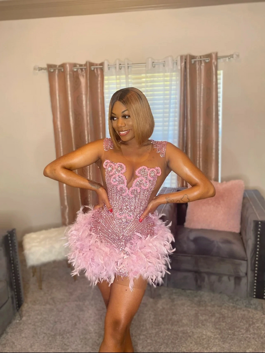 Feather Pink See Through Short Black Girl Prom Dresses Beaded African Cocktail Dresses Women Party Gowns Birthday Homecoming