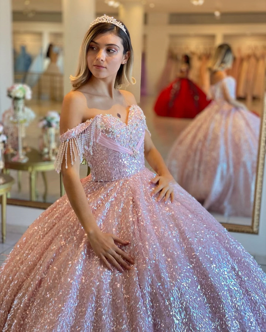 Pink Princess Quinceanera Dresses Ball Gown Off The Shoulder Sequins Pearls Sweet 16 Dresses 15 Años Custom
